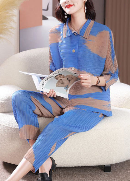 Classy Blue Print Oversized Wrinkled Tops and Pants Two-piece Set Spring
