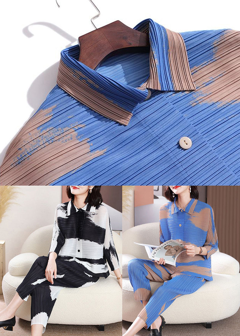 Classy Blue Print Oversized Wrinkled Tops and Pants Two-piece Set Spring
