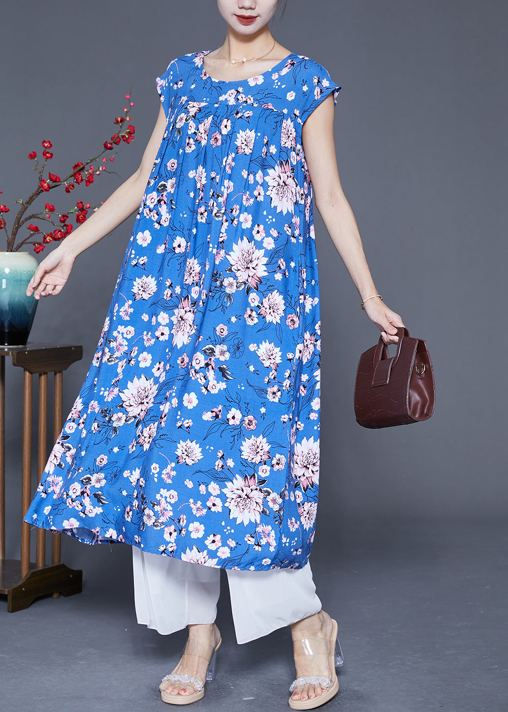 Classy Blue Print Wrinkled Cotton a Line Dresses Summer