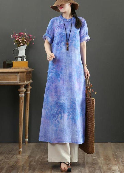 Classy Blue Purple Print Button Ankle Summer Chiffon Dress