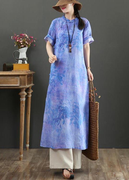 Classy Blue Purple Print Button Ankle Summer Chiffon Dress