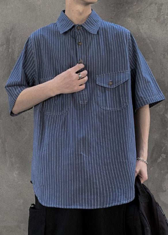 Classy Blue Striped Pockets Cotton Shirt Summer
