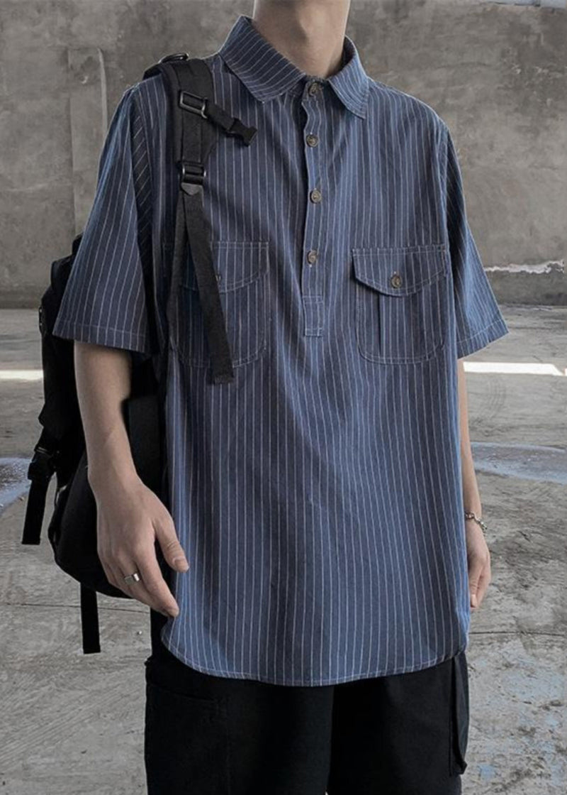 Classy Blue Striped Pockets Cotton Shirt Summer