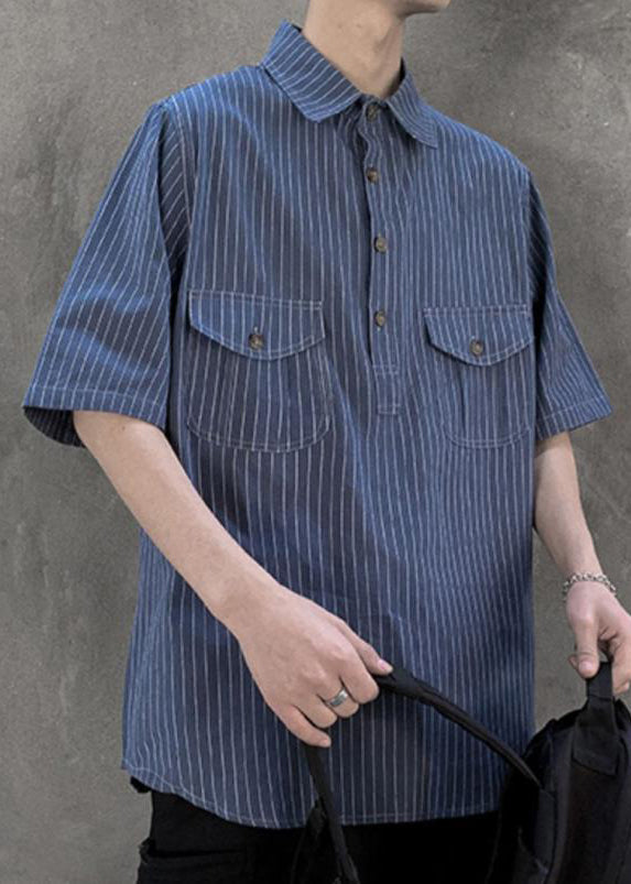 Classy Blue Striped Pockets Cotton Shirt Summer
