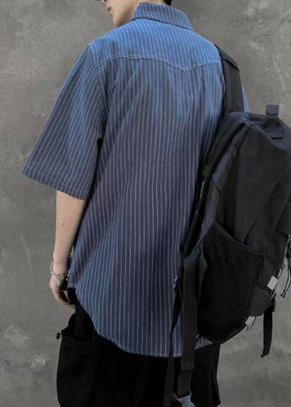 Classy Blue Striped Pockets Cotton Shirt Summer