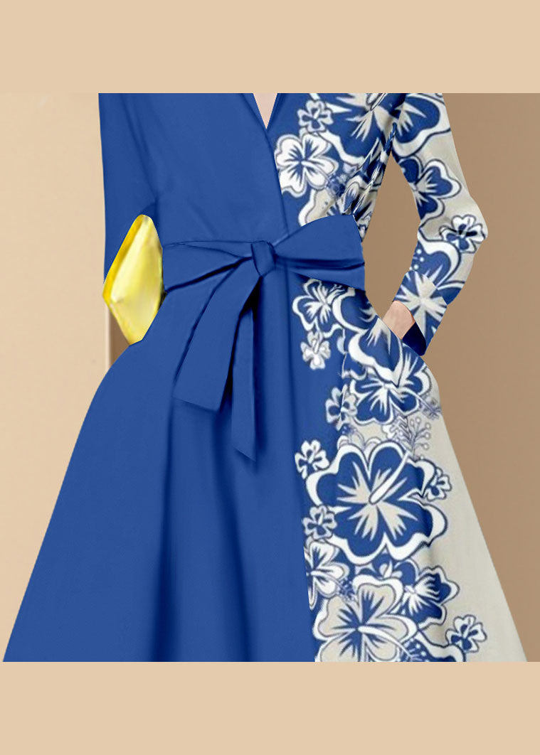 Classy Blue Tie Waist Peter Pan Collar Print Silk Dresses Long Sleeve