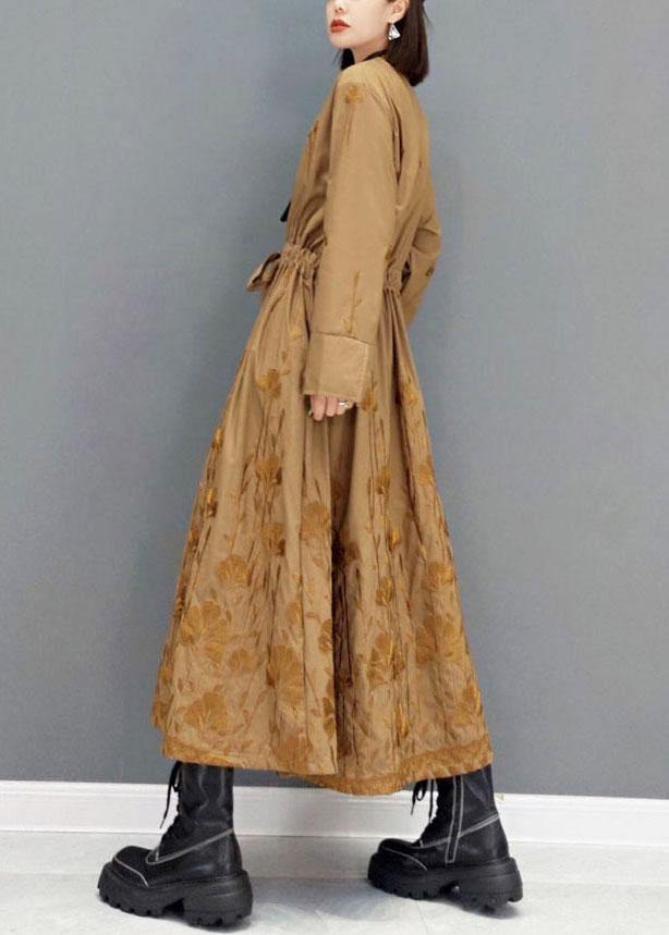 Classy Brown Pockets Tie Waist Embroideried Fall Long Sleeve Long Dress