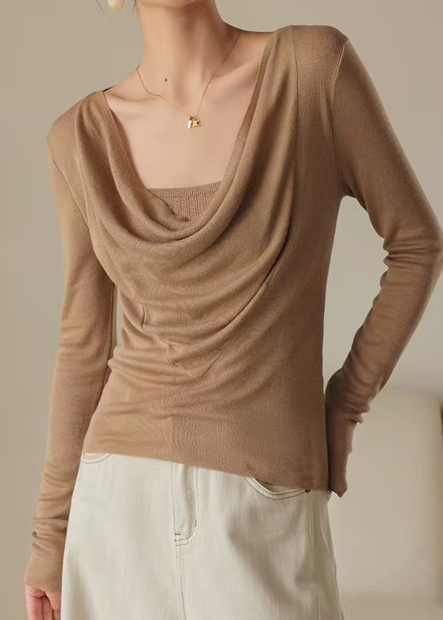 Classy Brown Turtle Neck Silm Fit Knit Top Spring