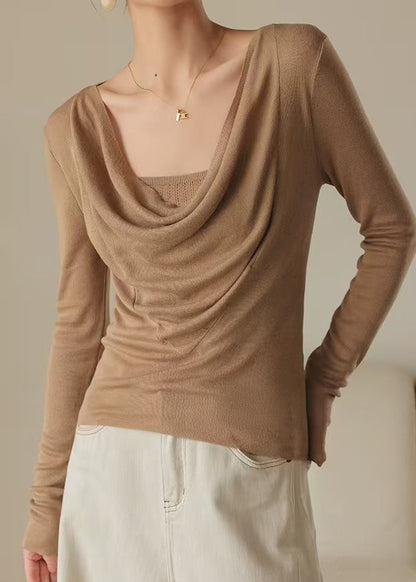 Classy Brown Turtle Neck Silm Fit Knit Top Spring