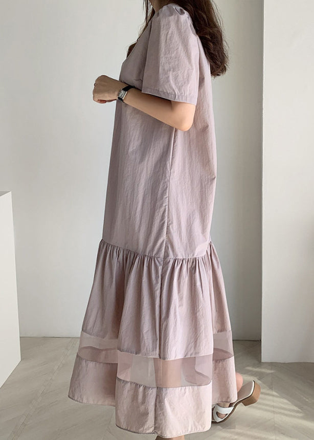 Classy Champagne O-neck Wrinkled Tulle Patchwork Maxi Dress Short Sleeve