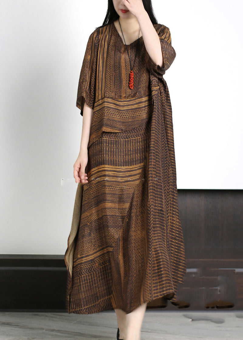 Classy Coffee Asymmetrical Striped Patchwork Silk Maxi Dresses Half Sleeve
