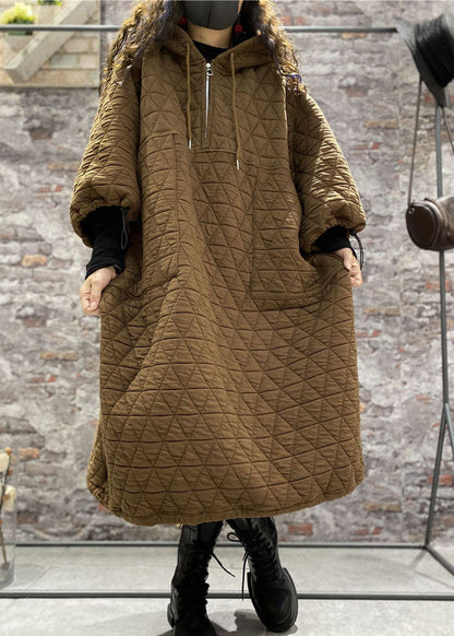 Classy Coffee Hooded Drawstring Fine Cotton Filled Dress Winter