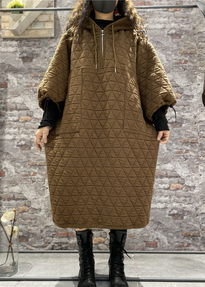 Classy Coffee Hooded Drawstring Fine Cotton Filled Dress Winter