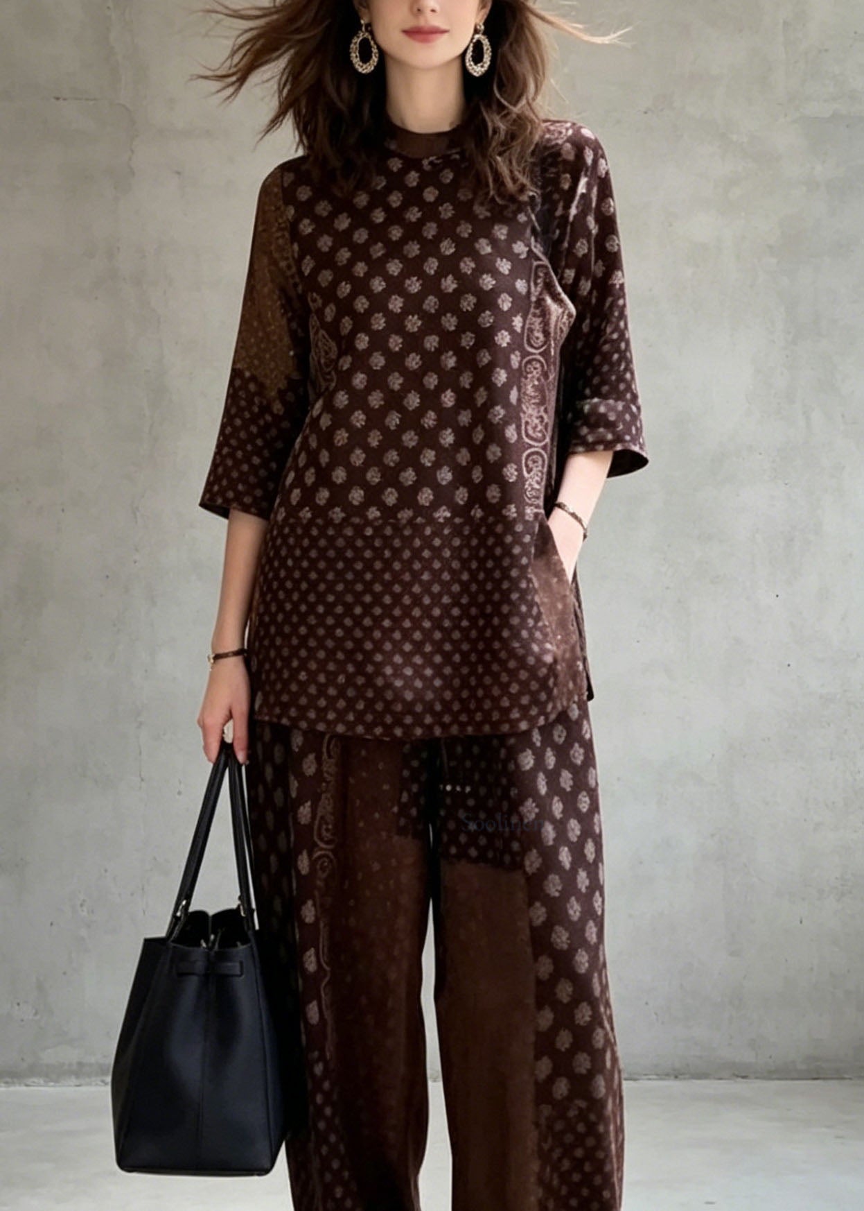 Classy Coffee Print Top and Pants Silk Two Pieces Set Summer