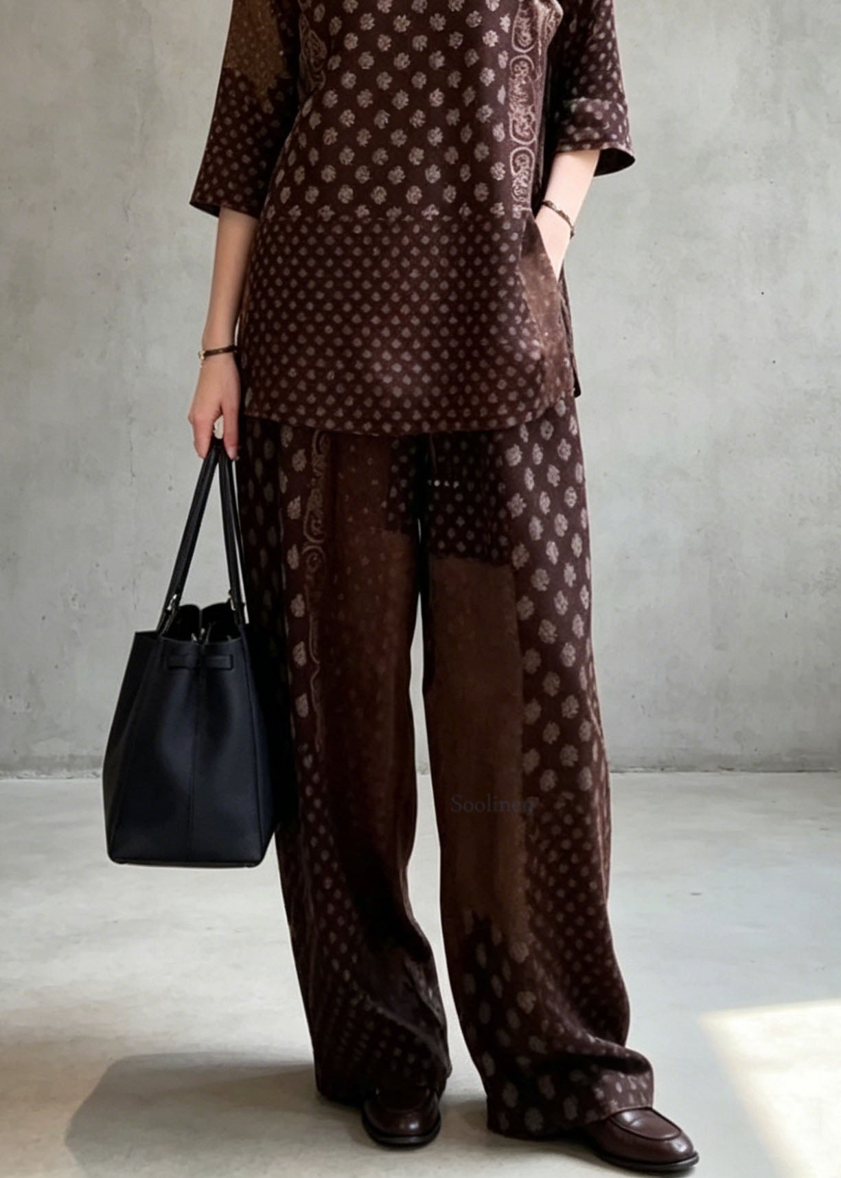 Classy Coffee Print Top and Pants Silk Two Pieces Set Summer
