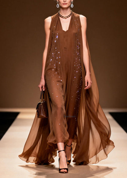 Classy Coffee V Neck Zircon Chiffon Robe Dresses Sleeveless