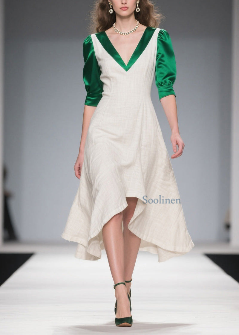 Classy Colorblock Asymmetrical Patchwork Linen Silk Dress Summer