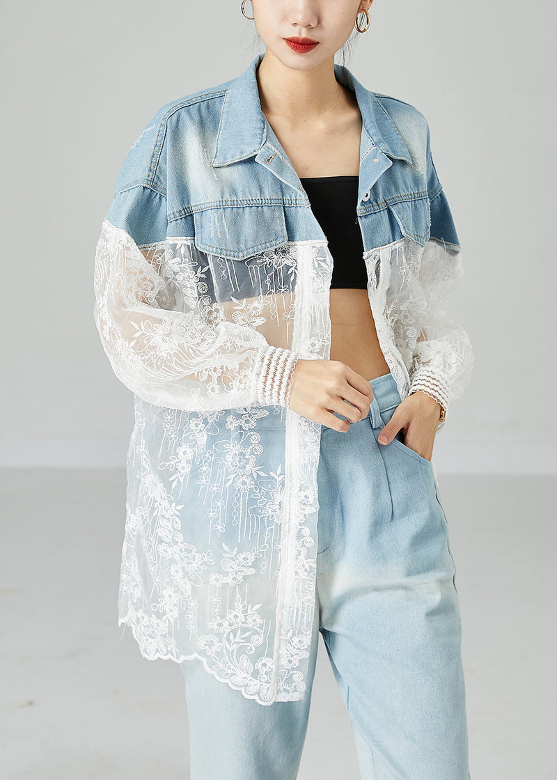 Classy Colorblock Embroideried Patchwork Hollow Out Denim Coat Outwear Summer