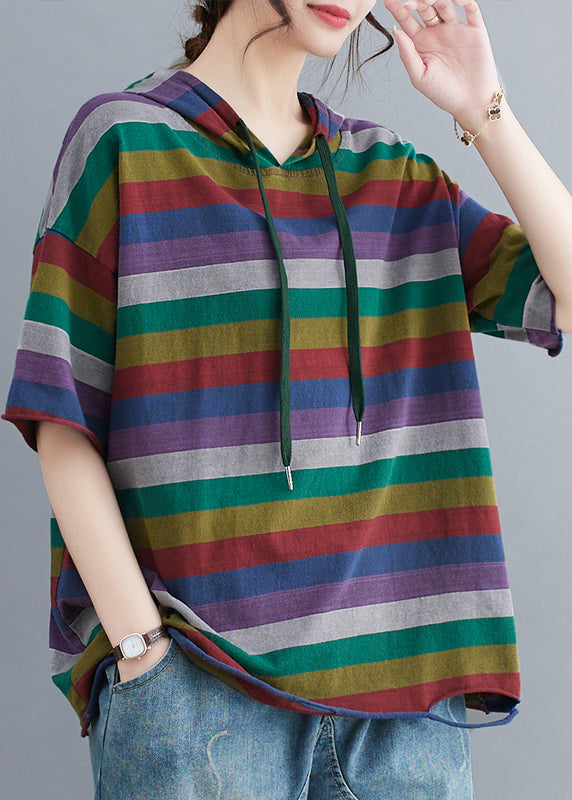 Classy Colorblock Hooded Striped Cotton Ripped Pullover Summer