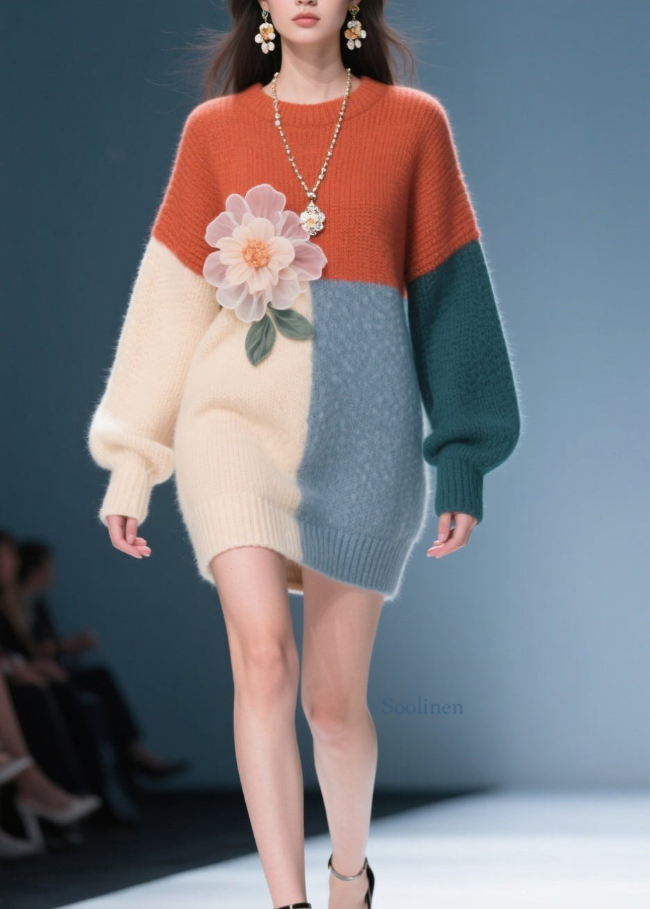 Classy Colorblock O Neck Knit Dress Fall