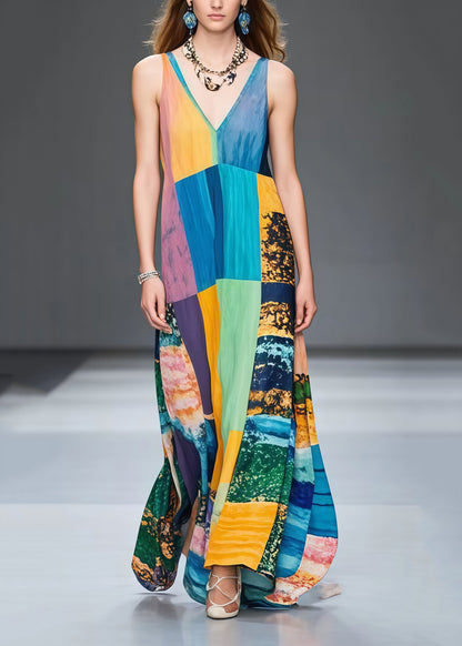 Classy Colorblock Oversized Print Cotton Long Dress Sleeveless