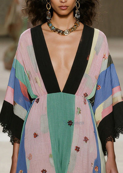 Classy Colorblock V Neck Patchwork Lace Cotton Robe Dress Summer