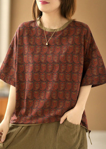 Classy Dark Red O-neck Print Patchwork Cotton Tanks Short Sleeve
