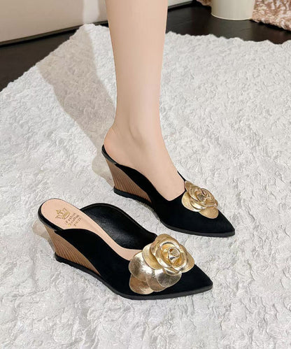 Classy Splicing Wedge Heels Black Suede Slide Sandals