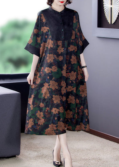 Classy Stand Collar Button Patchwork Silk Dresses Summer