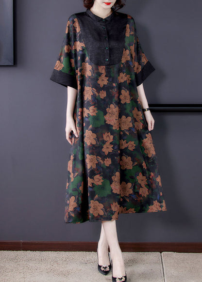 Classy Stand Collar Button Patchwork Silk Dresses Summer