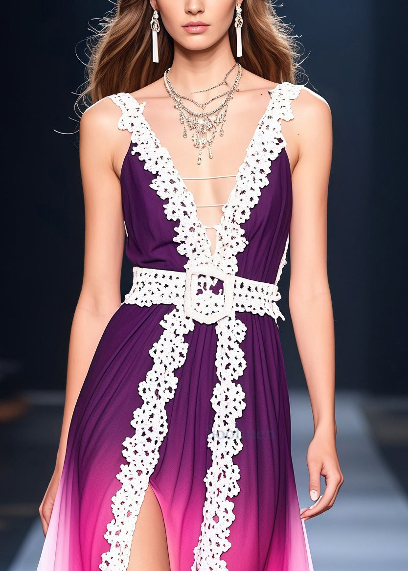Classy Gradient Purple Side Open Lace Patchwork Chiffon Vestidos Dress Summer