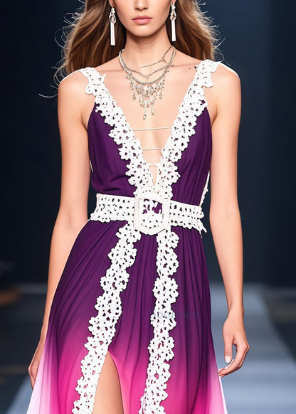 Classy Gradient Purple Side Open Lace Patchwork Chiffon Vestidos Dress Summer