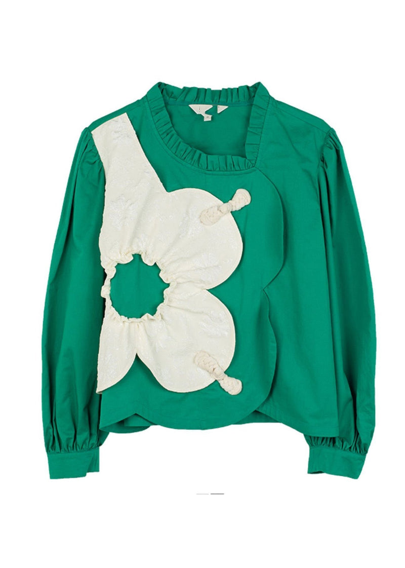 Classy Green O-neck Patchwork Cotton Shirt Spring