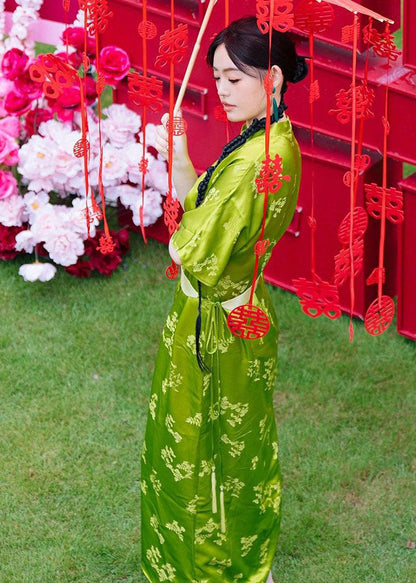 Classy Green O-neck Print Chiffon Long Dresses Short Sleeve