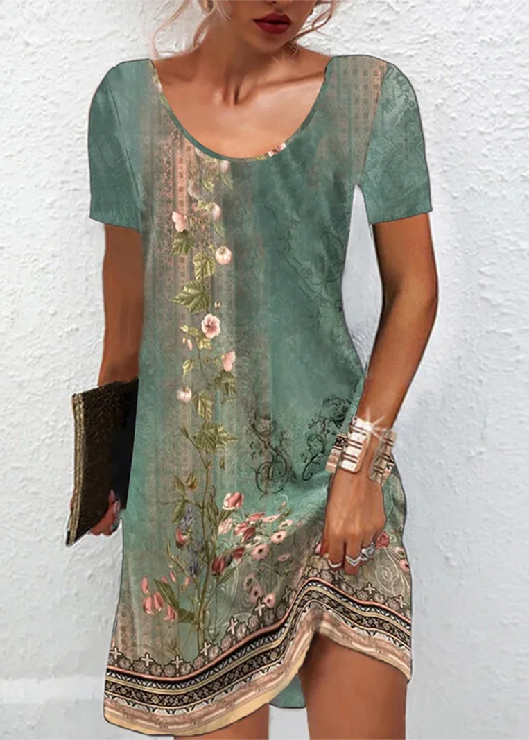 Classy Green O-neck Print Mid Dress Short Sleeve