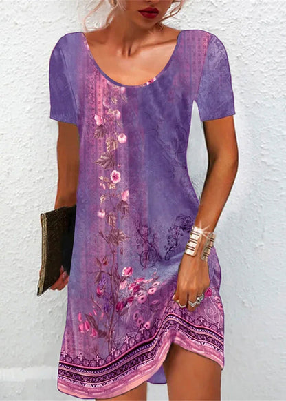 Classy Green O-neck Print Mid Dress Short Sleeve