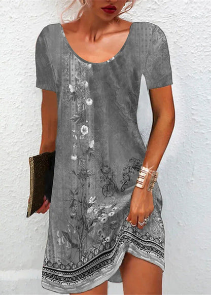Classy Green O-neck Print Mid Dress Short Sleeve