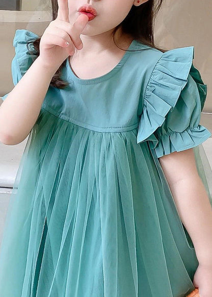 Classy Green O-neck Ruffled Patchwork Tulle Long Dresses Summer