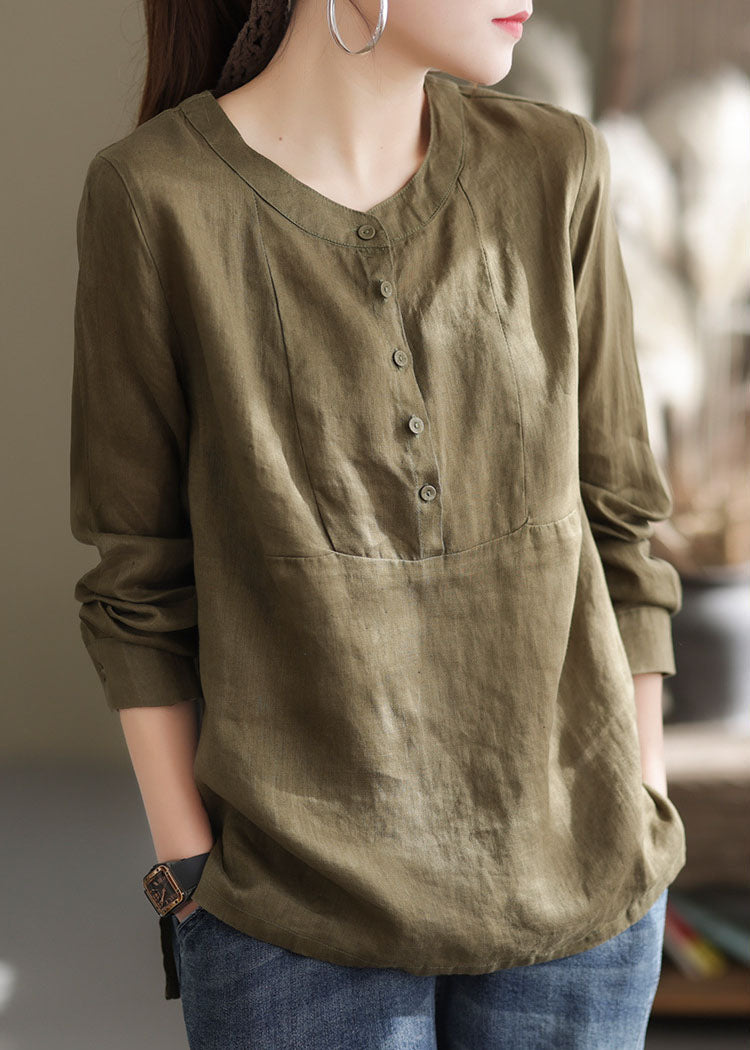 Classy Green O-Neck button Patchwork cotton blend Shirt Top Long Sleeve