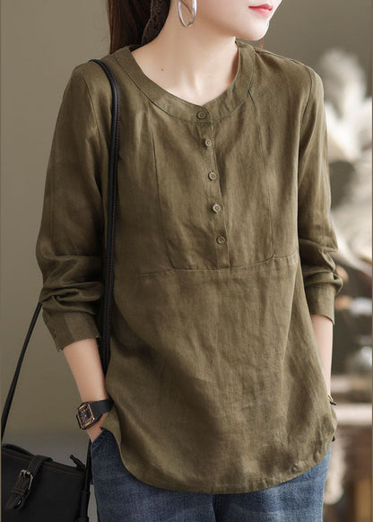 Classy Green O-Neck button Patchwork cotton blend Shirt Top Long Sleeve