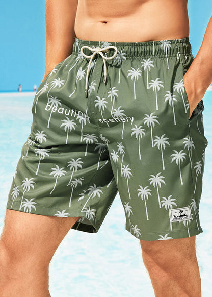 Classy Green Print Pockets Elastic Waist Cotton Shorts Summer