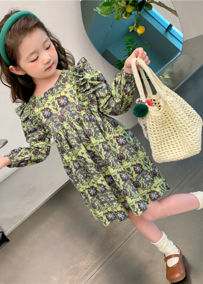Classy Green Ruffled Patchwork Maxi Dress Long Sleeve