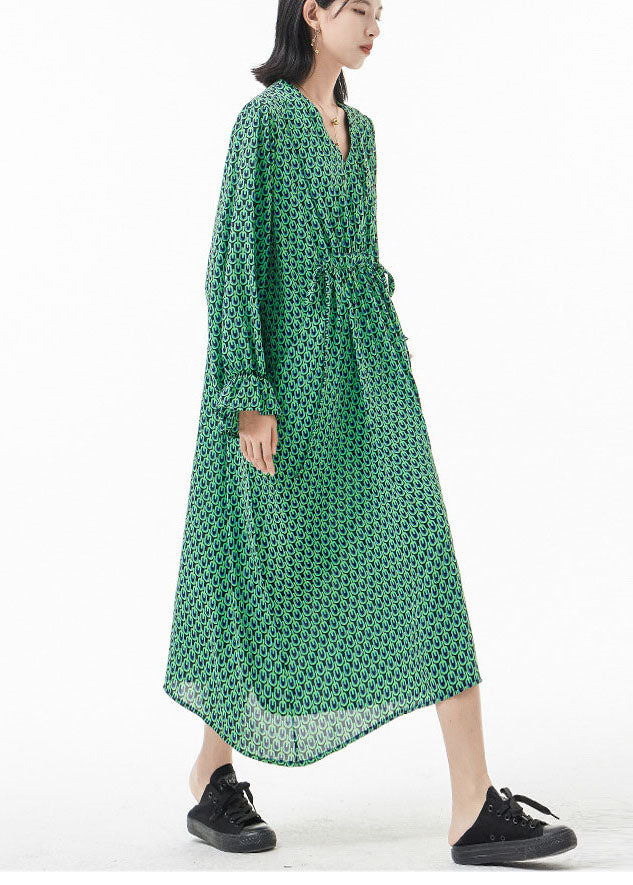 Classy Green Tie Waist V Neck Silk Vacation Dress Spring