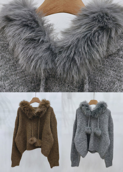 Classy Grey Fuzzy Ball Decorated Thick Hooded Cotton Knit Sweaters Winter