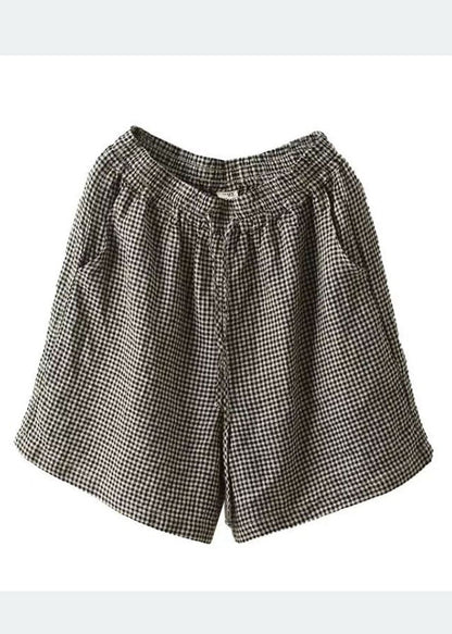 Classy Grey Oversized Plaid Linen Shorts Summer