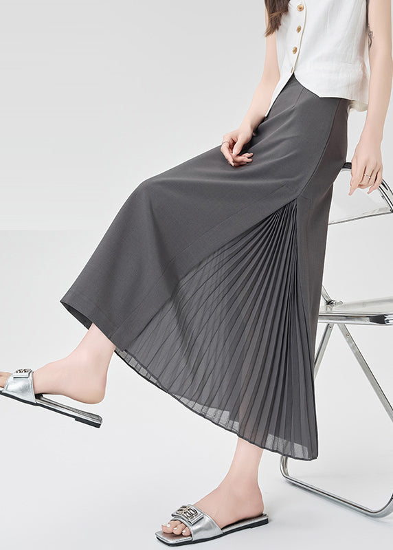 Classy Grey Patchwork Wrinkled Chiffon a Line Skirt Spring