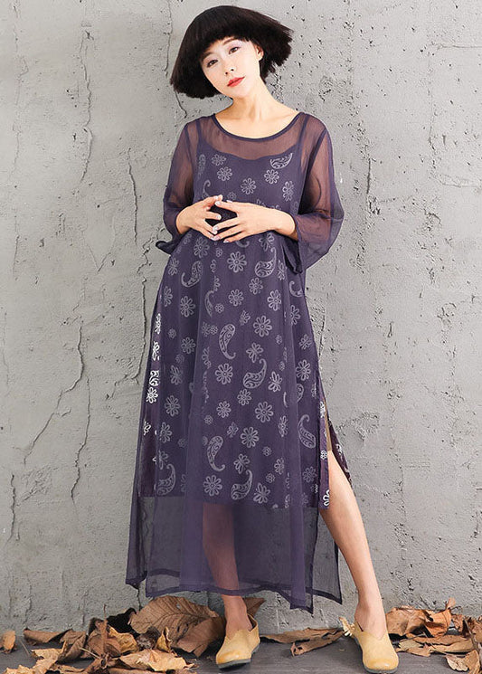 Classy Grey Print Cotton Two Pieces Set Three Quarter Sleeve