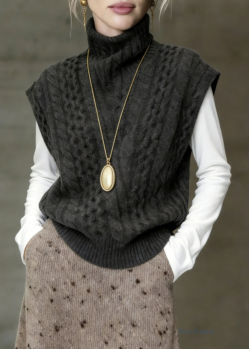 Classy Grey Turtleneck Cable Knit Vest Sleeveless