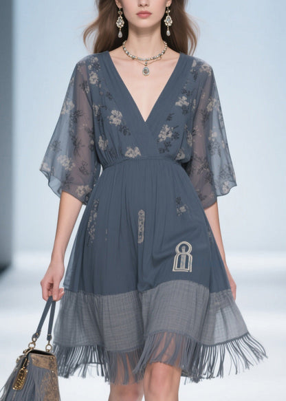 Classy Grey V Neck Tassel Patchwork Cotton Dress Summer