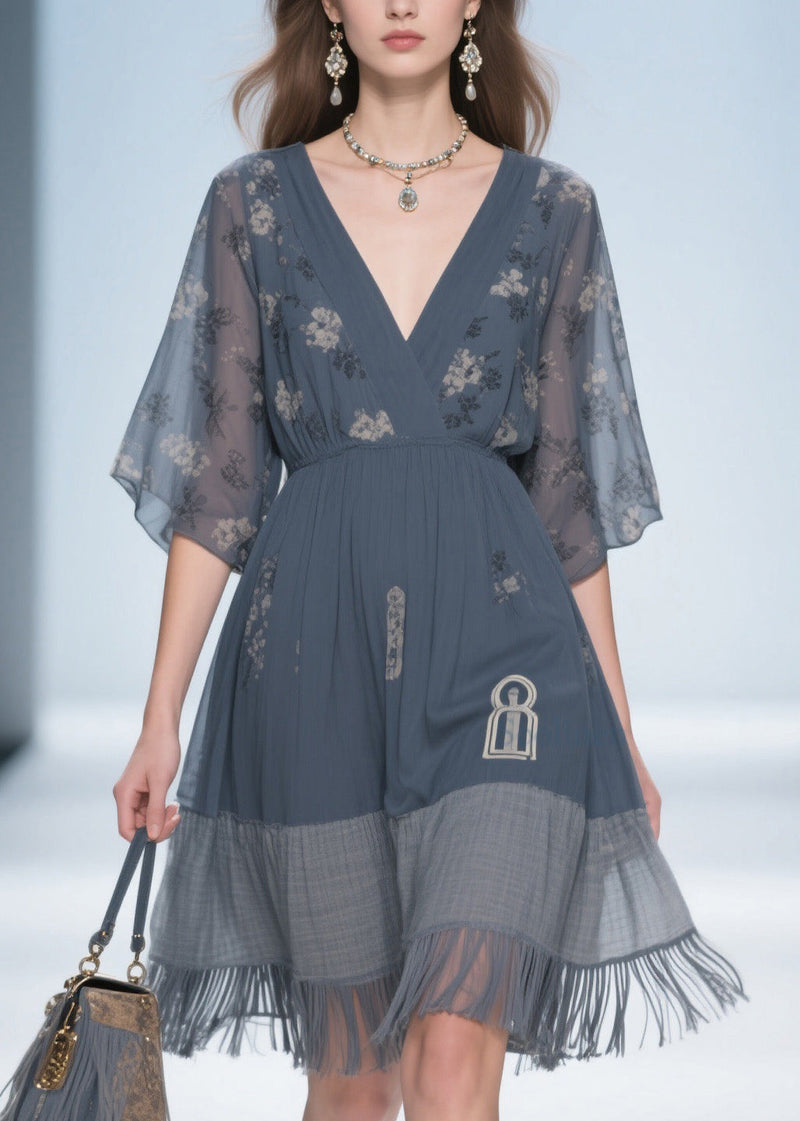 Classy Grey V Neck Tassel Patchwork Cotton Dress Summer